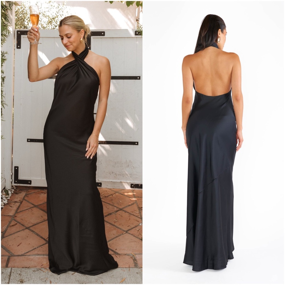 SHOW ME YOUR MUMU Jasmine Halter Maxi Dress In Black Luxe Satin